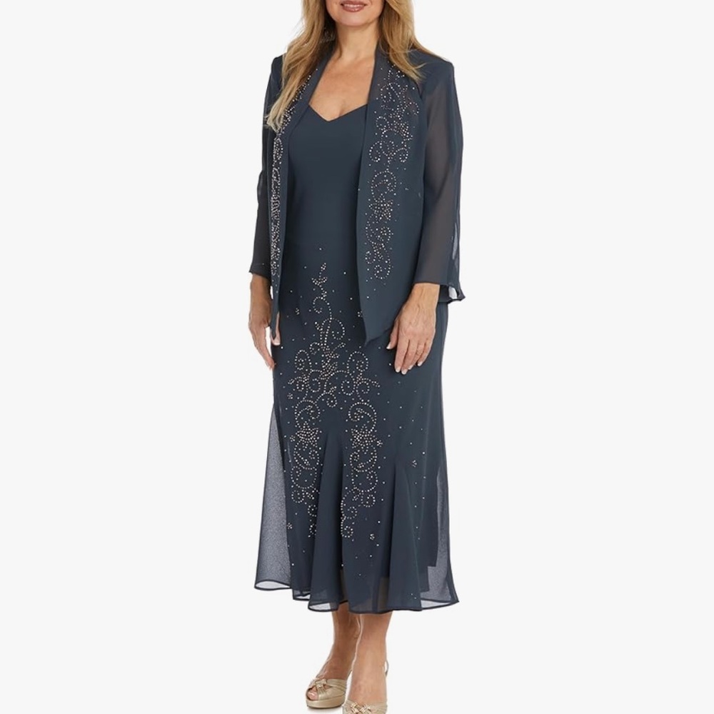 Elegant R&M Richards Gray/Coal 2-Piece Embellished Evening Gown Set